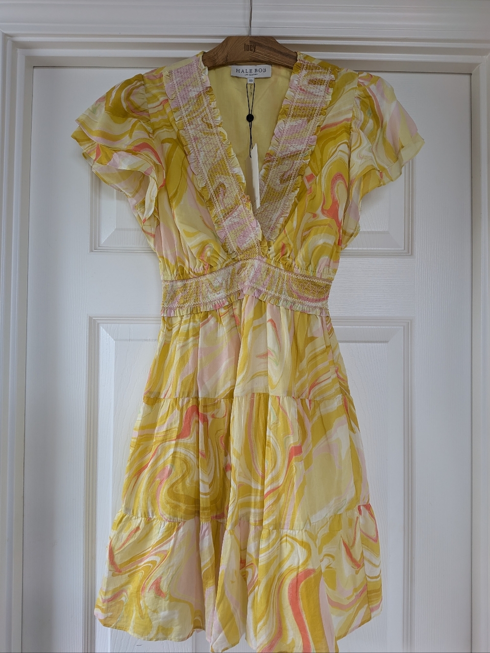 Hale Bob Yellow Swirl V-Neck Tiered Mini Dress